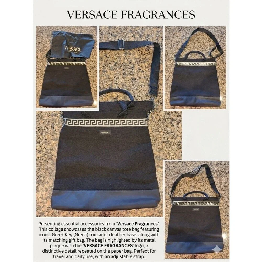 Versace Fragrances Black Canvas Greek Key Silver Accent Zipper Closure